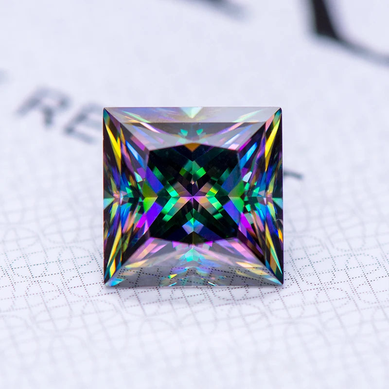 Moissanite Gemstone Princess Cut Rainbow Green color Lab Grown Diamond Advanced Jewelry Making Materials with GRA Certificate