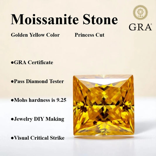 Moissanite Stone Golden Yellow Color Princess Cut Charms Gemstone  Advanced Jewelry Rings Earrings Making with Certificate