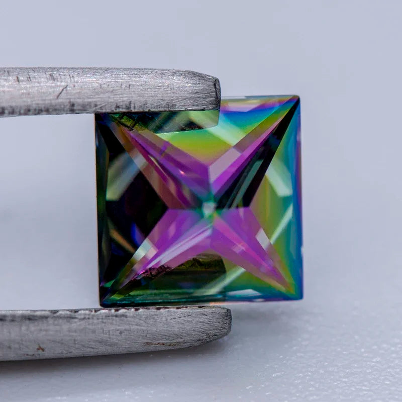 Moissanite Gemstone Princess Cut Rainbow Green color Lab Grown Diamond Advanced Jewelry Making Materials with GRA Certificate
