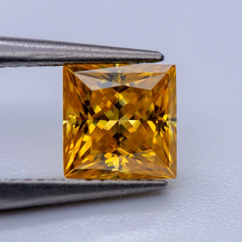 Moissanite Gemstone Princess Cut Golden Yellow color Lab Grown Diamond Advanced Jewelry Making Materials with GRA Certificate