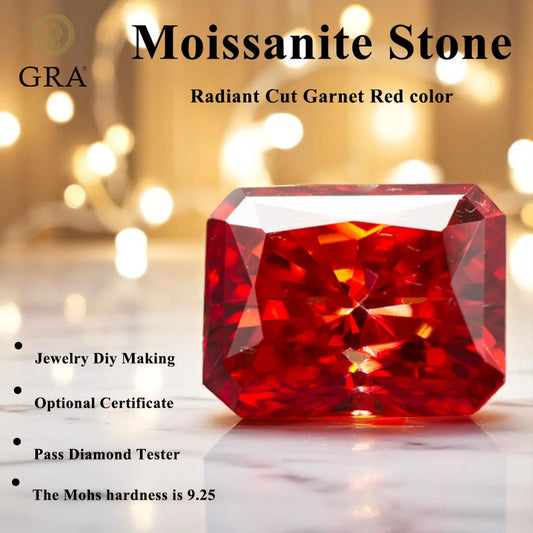 Moissanite Stone Garnet Red Radiant Cut Gemstone for DIY Advanced Jewelry Rings Earrings Making with Certificate