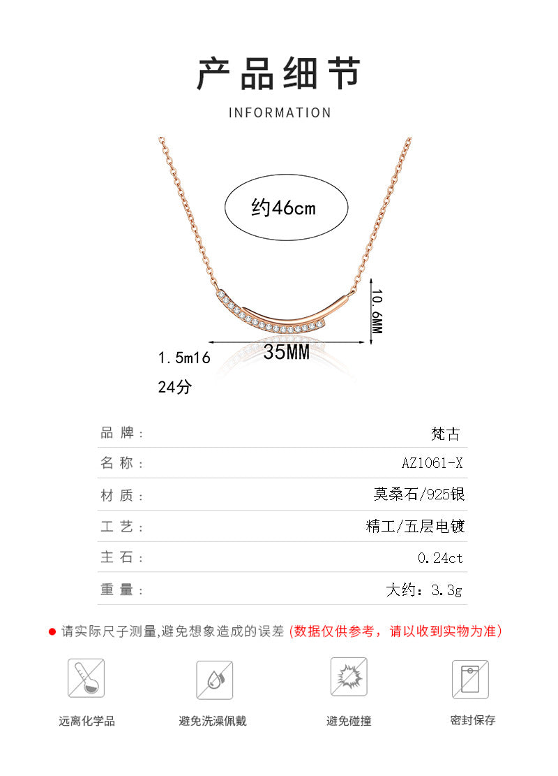 Xindeyi S925 Sterling Silver Moissanite Champagne Gold Necklace for Women Smile Row Diamond Line Chain Simple High-end Cool Style