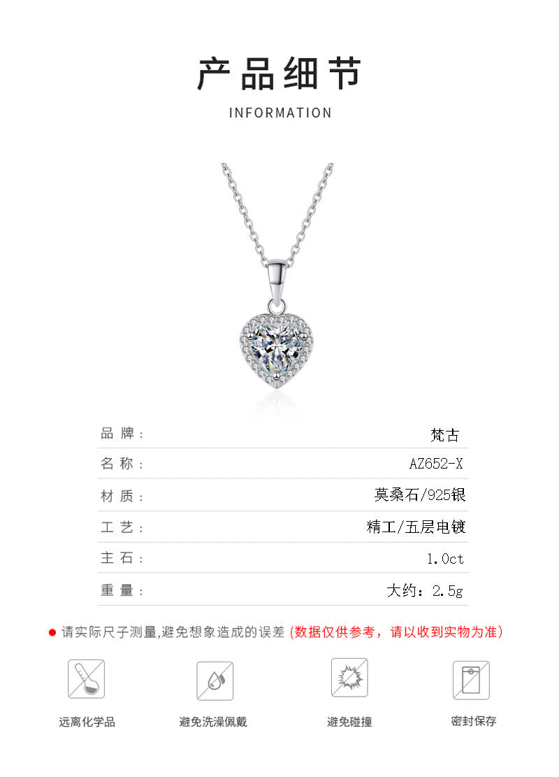 S925 Sterling Silver Heart Necklace for Women with Moissanite Cluster Clavicle Chain, PT950 Gold Plated Jewelry, Direct Supply from Manufacturer Wholesale