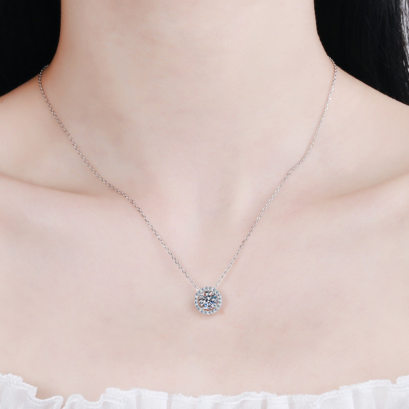 925 Sterling Silver Moissanite Necklace for Women Round Pendant Simple Korean Style Live Streaming Hot Sale Manufacturer Direct Supply One Piece Dropshipping