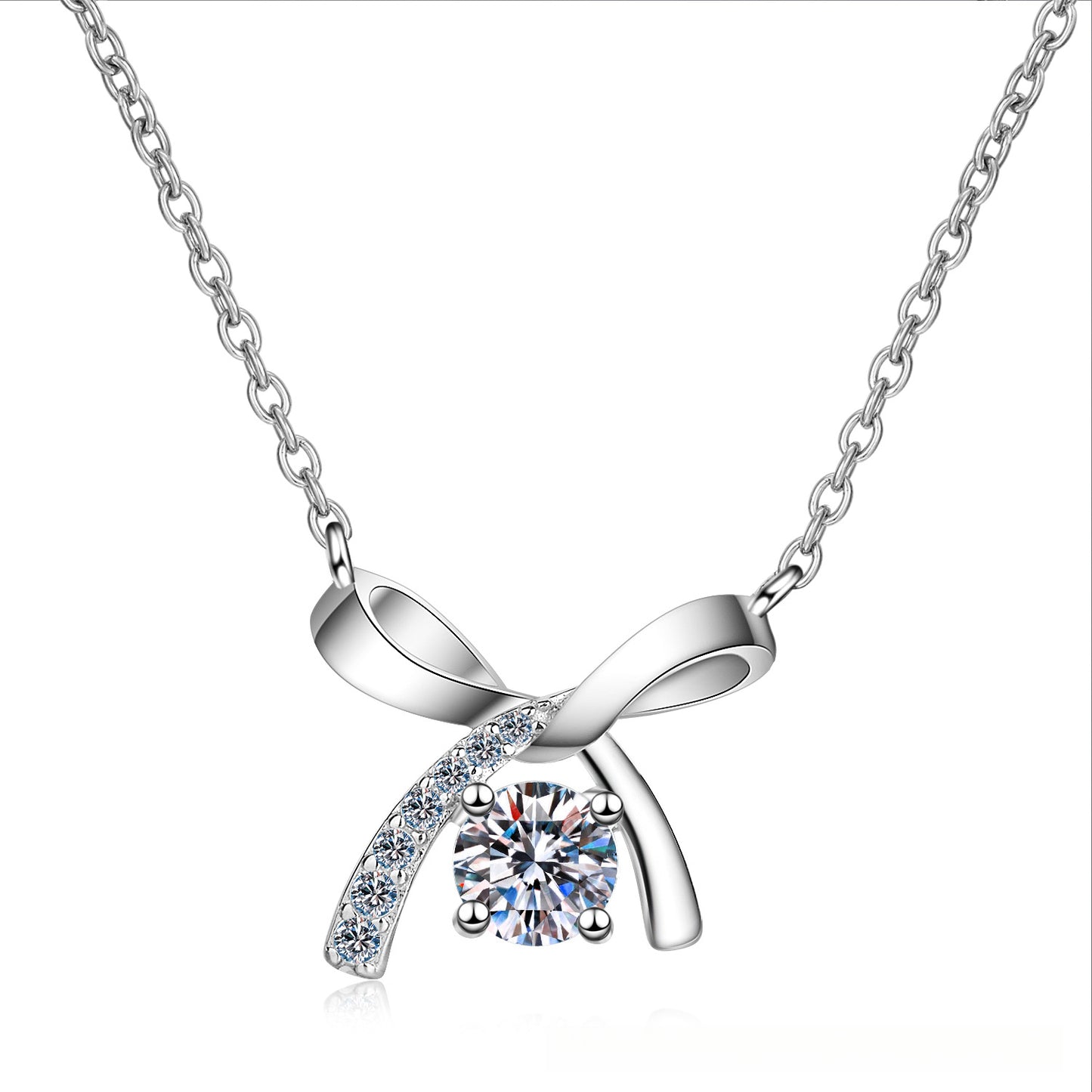 2020 New S925 Sterling Silver Necklace Four-Prong Women's 50 Carat Moissanite Bow Necklace Simulated Diamond Collarbone Chain