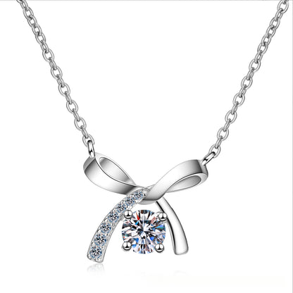 2020 New S925 Sterling Silver Necklace Four-Prong Women's 50 Carat Moissanite Bow Necklace Simulated Diamond Collarbone Chain