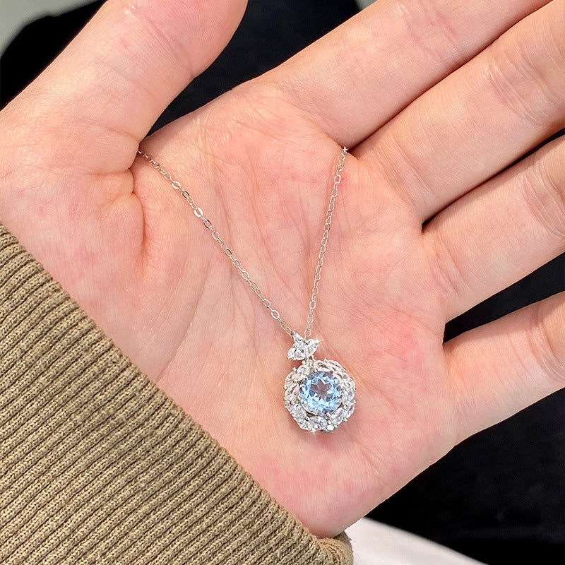 S925 Sterling Silver Necklace for Women with Ice Flower Natural Topaz Pendant
