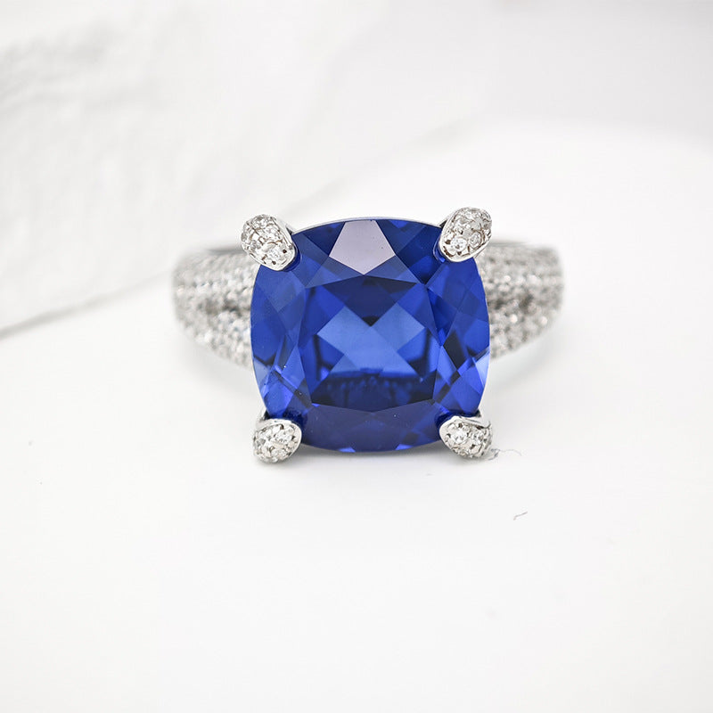 Cultivated sapphire cushion-shaped 8-carat large ring, S925 silver plated with 18K gold