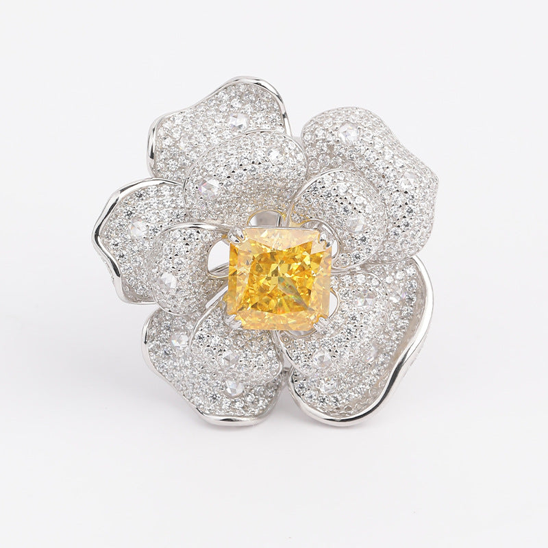 S925 Pure Silver High-Carbon Diamond Ice Flower Cut Square with Chamfer 10*10mm Luxury and Wealthy Flower Yellow Diamond Ladies' Ring