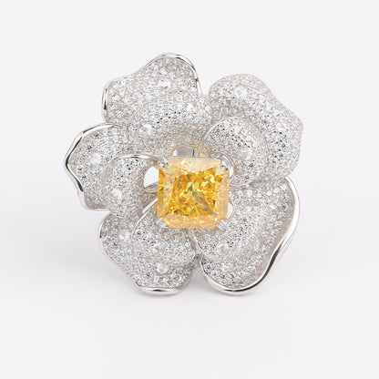 S925 Pure Silver High-Carbon Diamond Ice Flower Cut Square with Chamfer 10*10mm Luxury and Wealthy Flower Yellow Diamond Ladies' Ring