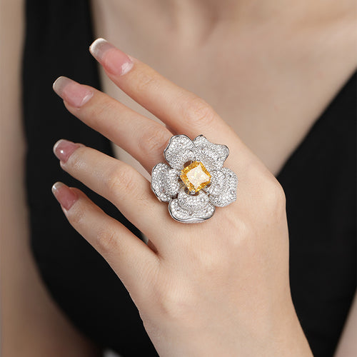 S925 Pure Silver High-Carbon Diamond Ice Flower Cut Square with Chamfer 10*10mm Luxury and Wealthy Flower Yellow Diamond Ladies' Ring