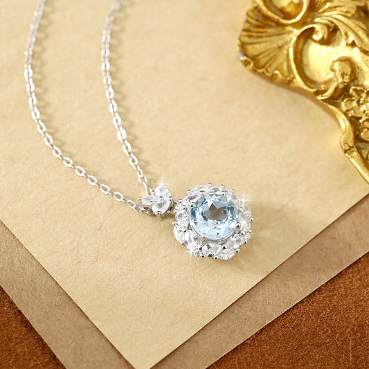 S925 Sterling Silver Necklace for Women with Ice Flower Natural Topaz Pendant