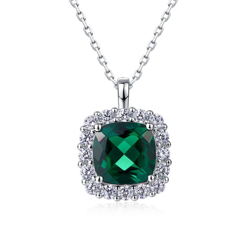 High-end and exquisite cultivated emerald pendant, S925 silver surrounded by cultivated colored gemstone necklace