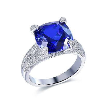 Cultivated sapphire cushion-shaped 8-carat large ring, S925 silver plated with 18K gold