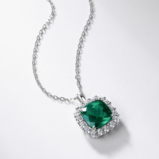 High-end and exquisite cultivated emerald pendant, S925 silver surrounded by cultivated colored gemstone necklace