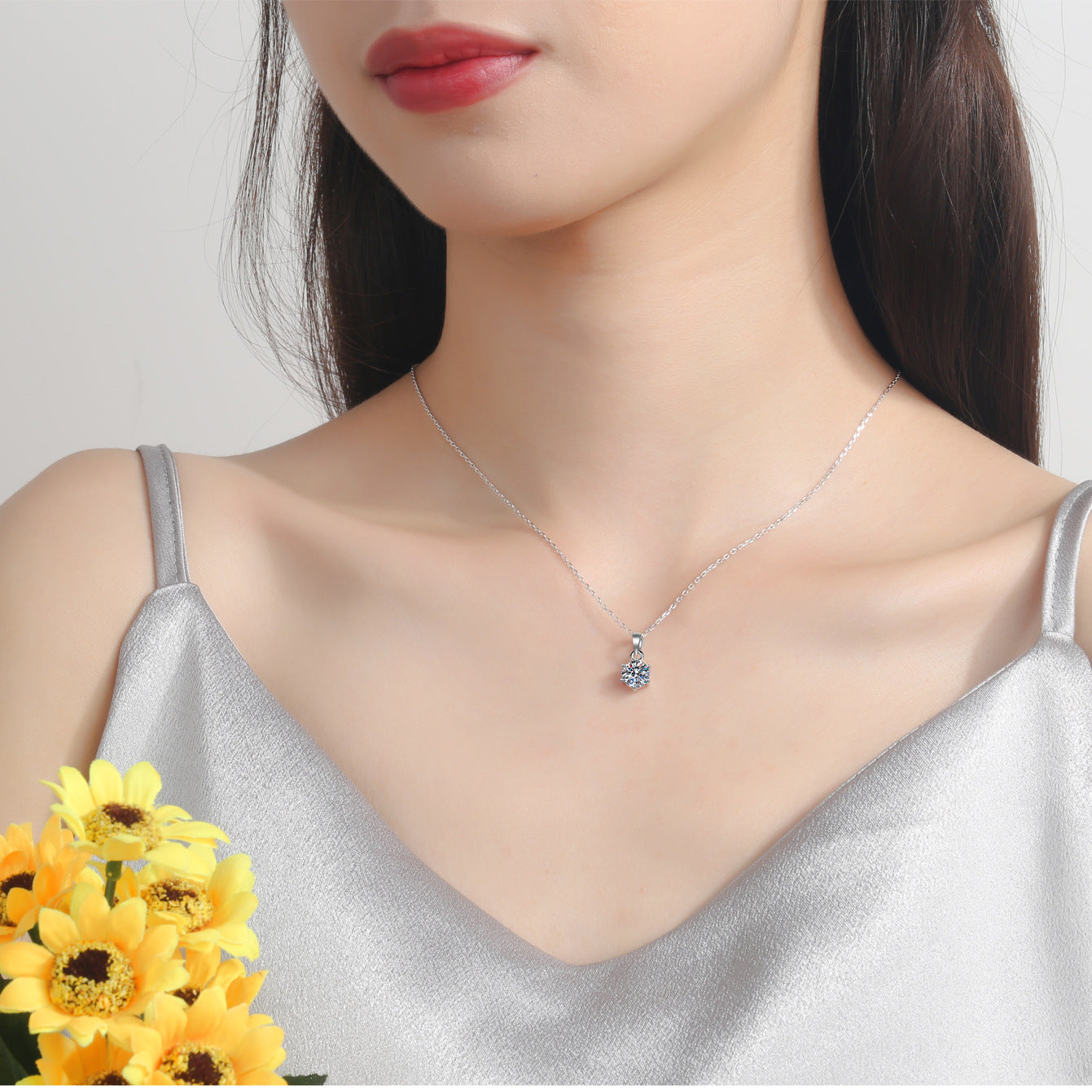 925 Sterling Silver Necklace for Women 1 Carat Moissanite Six-Prong Pendant Necklace Simulated Diamond Collarbone Chain Direct Supply from Manufacturer