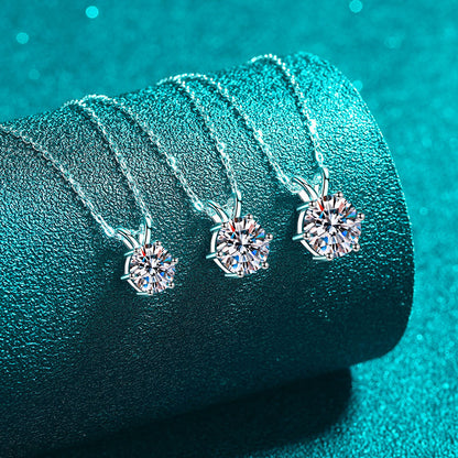 Xindeyi S925 Sterling Silver Moissanite Necklace for Women, Simple Six-Claw Rabbit Ear Pendant, Light Luxury Collarbone Chain, Exquisite