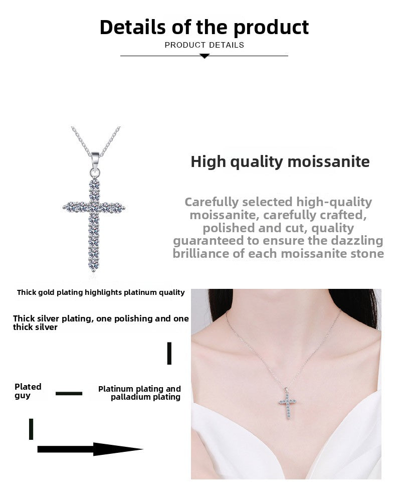 925 Sterling Silver Necklace for Women Moissanite Cross Pendant Necklace Plated with PT950 Gold Clavicle Chain Factory Wholesale
