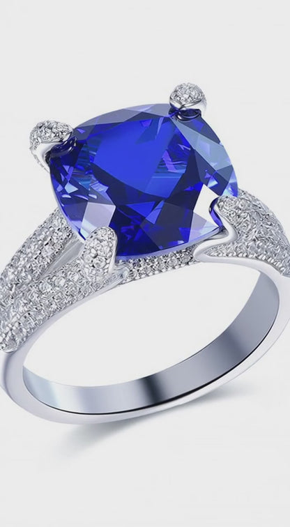 Cultivated sapphire cushion-shaped 8-carat large ring, S925 silver plated with 18K gold