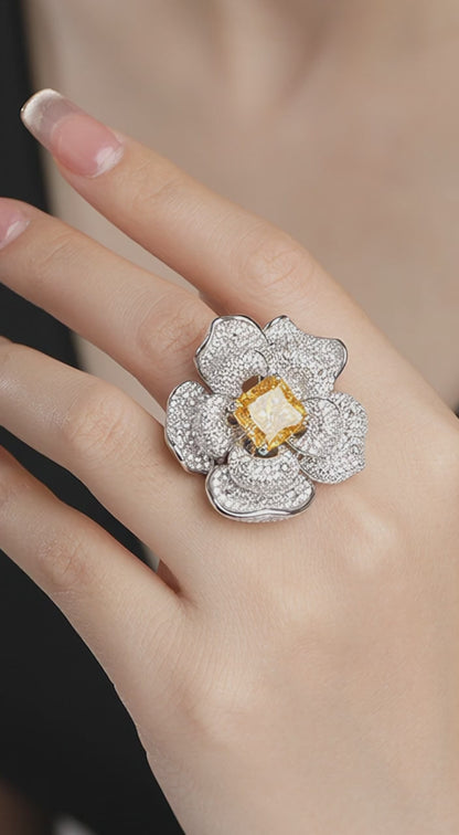 S925 Pure Silver High-Carbon Diamond Ice Flower Cut Square with Chamfer 10*10mm Luxury and Wealthy Flower Yellow Diamond Ladies' Ring